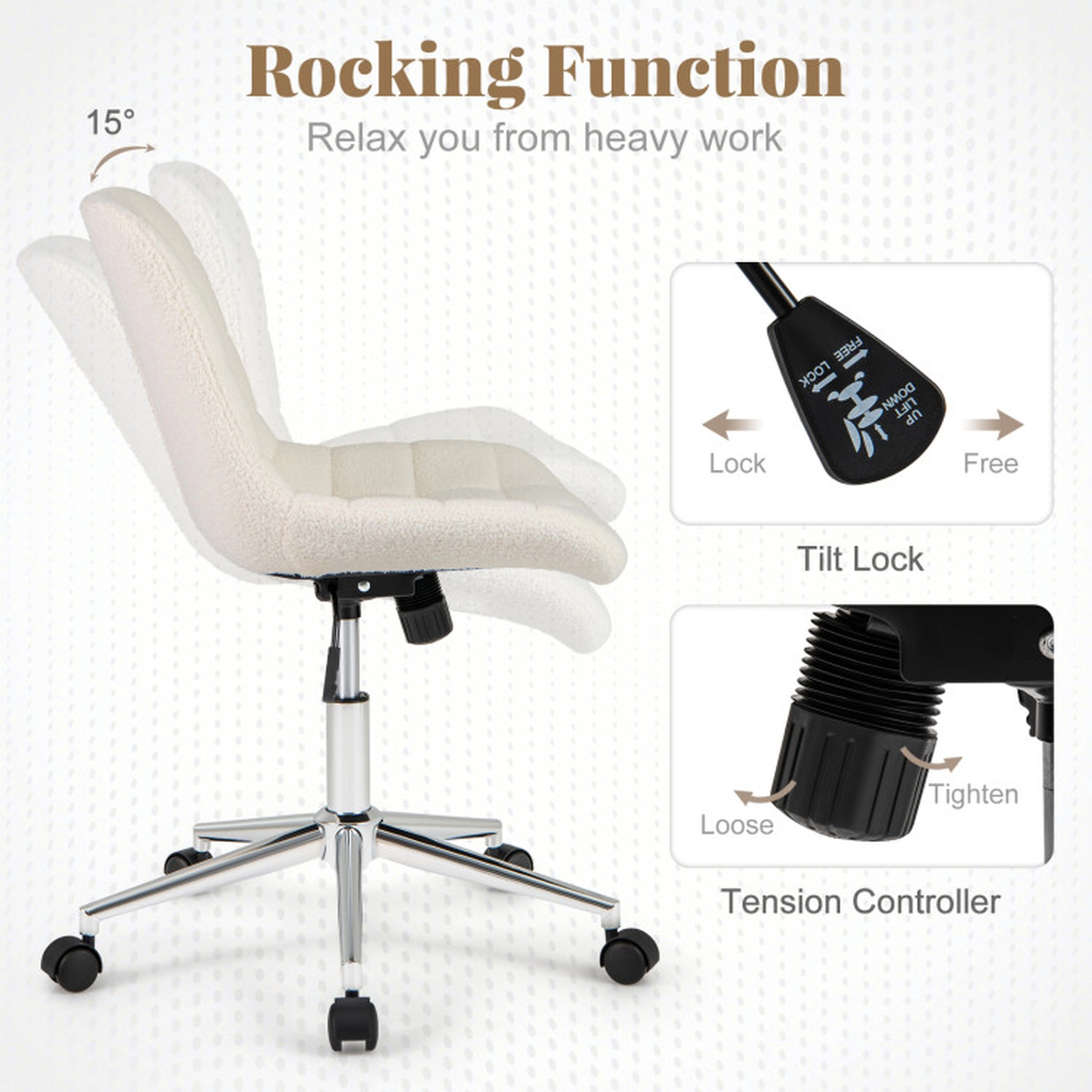 SUGIFT Teddy Fleece Armless Curved Backrest Swivel Vanity Office Chair 26.5-in x 26.5-in x 31.5-in 250-lb White