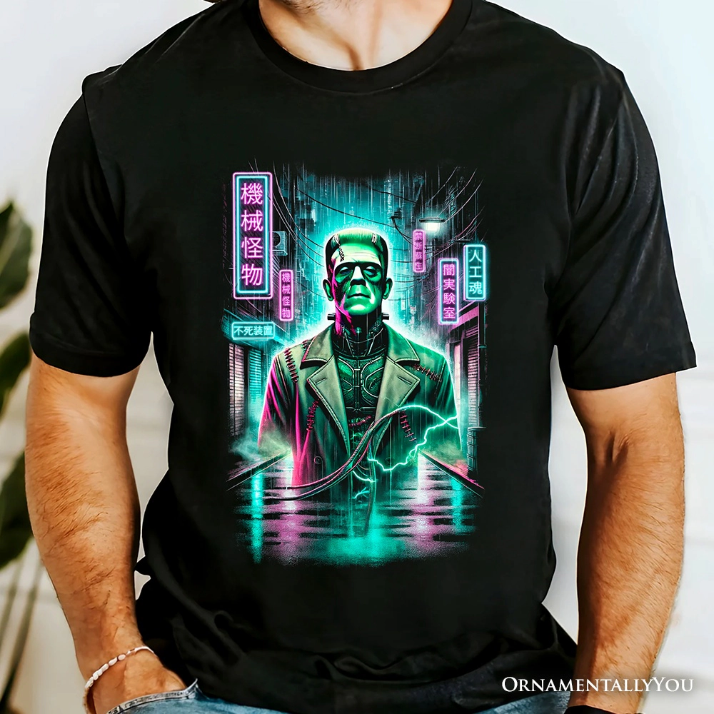 OrnamentallyYou Mens Cyberpunk Frankenstein Neon Halloween Monster T-Shirt