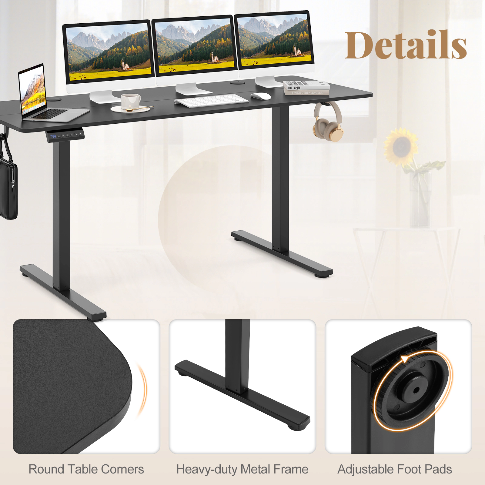 SUGIFT Electric Standing Desk with 3 Memory Heights 200-Lb Capacity with Hooks and Cable Holes Black