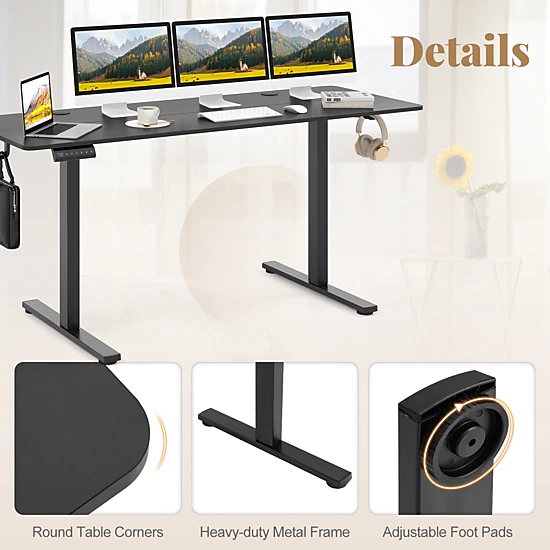SUGIFT Electric Standing Desk with 3 Memory Heights 200-Lb Capacity with Hooks and Cable Holes Black