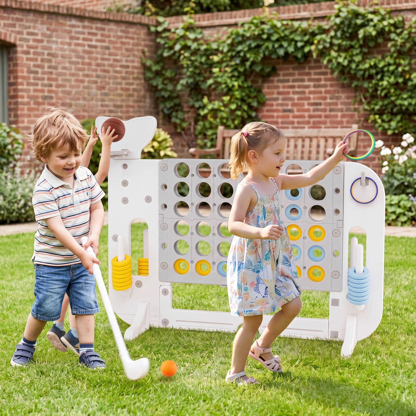 SUGIFT Giant 4-to-Score Combo Game Set Connect Four Ring Toss Golf Basketball 37.5-in Height Blue/Gray/Navy/Pink