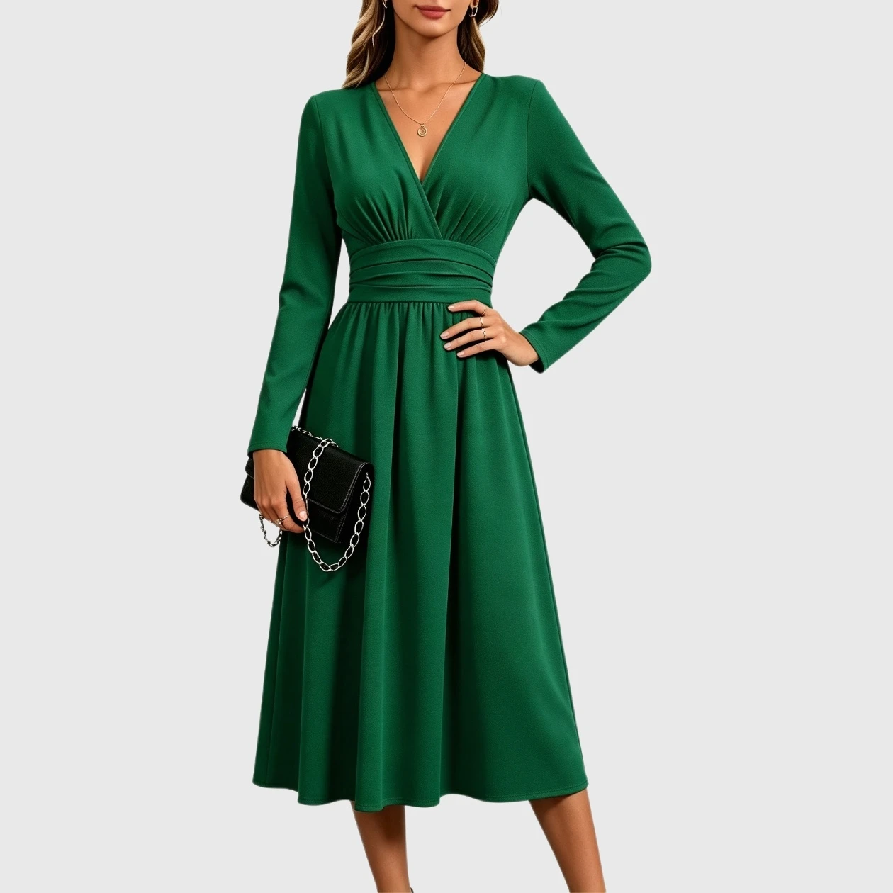 YesFashion Womens V Neck Long Sleeve Midi Dress Elegant Flowy Wedding Guest Holiday Formal Dresses