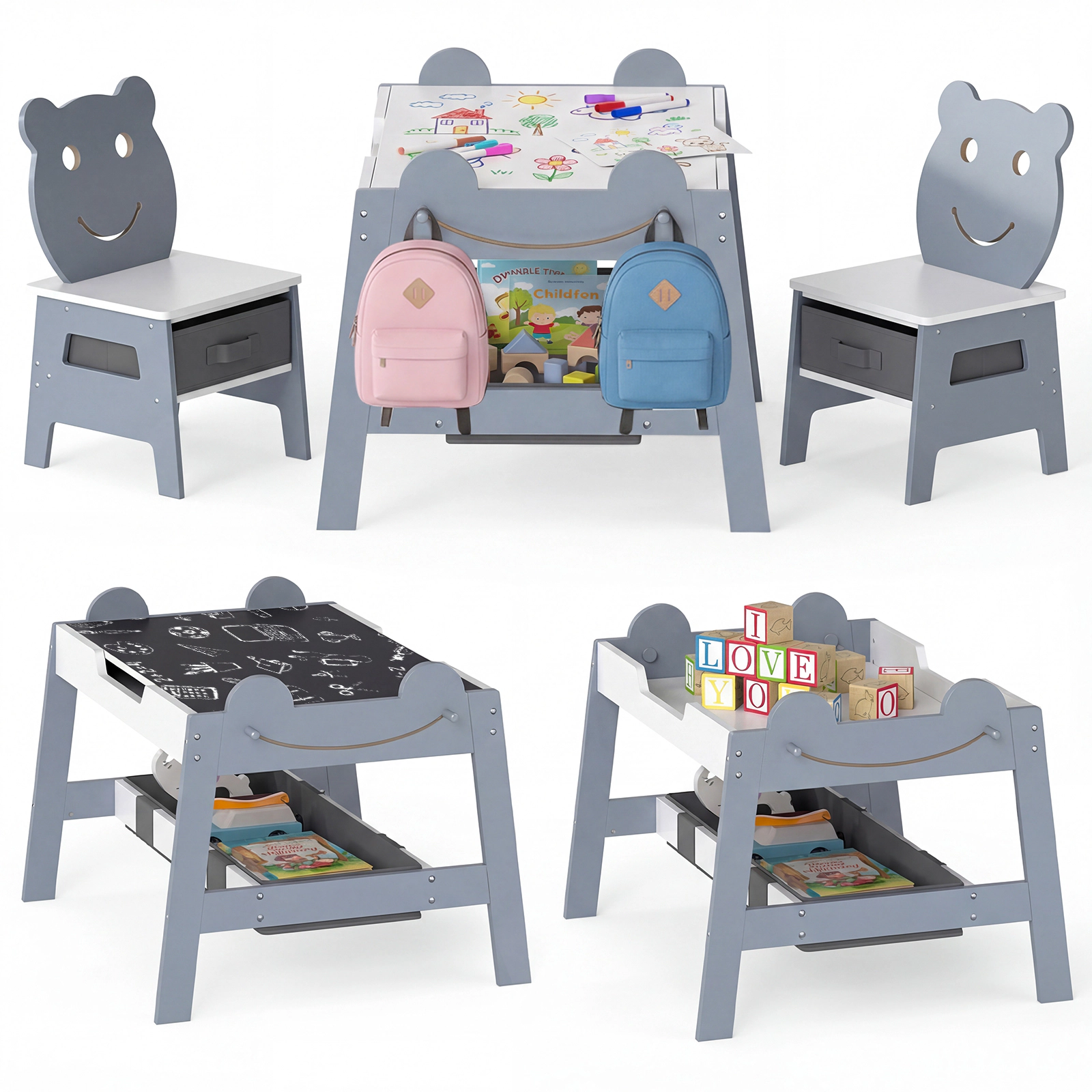 SUGIFT Gray Reversible Chalkboard Whiteboard Kids 5-in-1 Art Desk Set Table and 2 Chairs