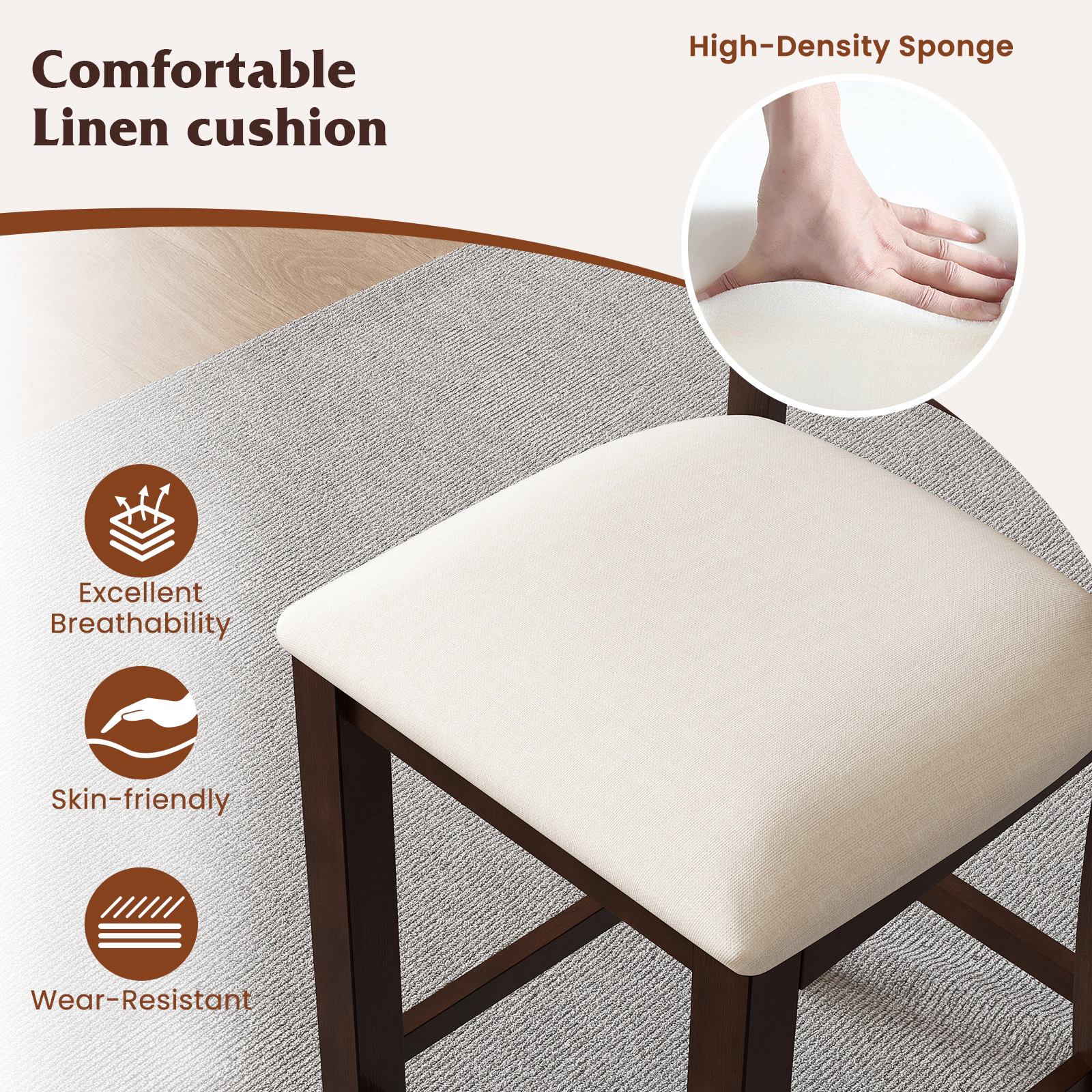 SUGIFT Slatted Back and Linen Cushion Set of 2 Modern Farmhouse Counter Height Stool