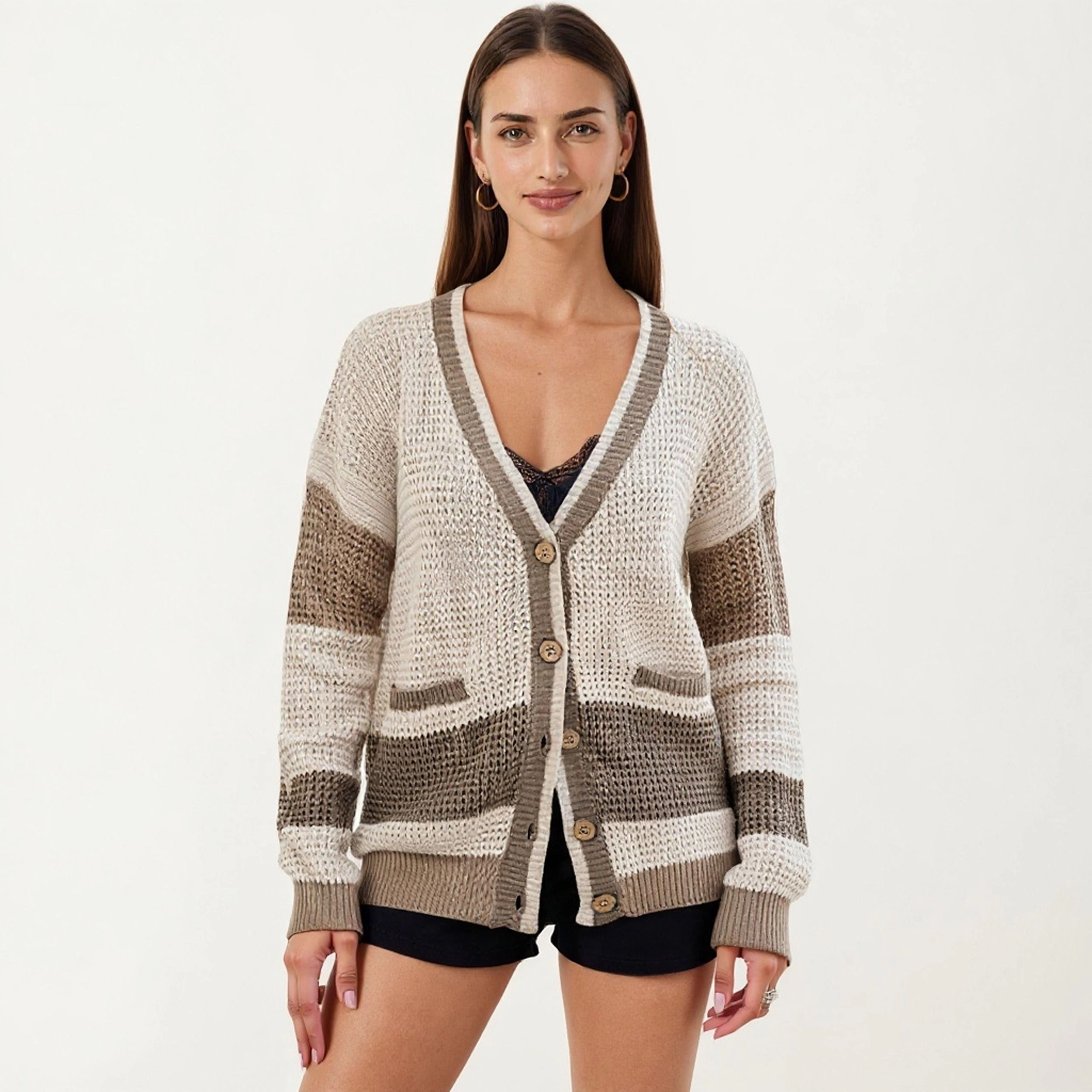 Anna-Kaci Women's Button Front Striped Knit Cardigan with Pockets and Relaxed Fit