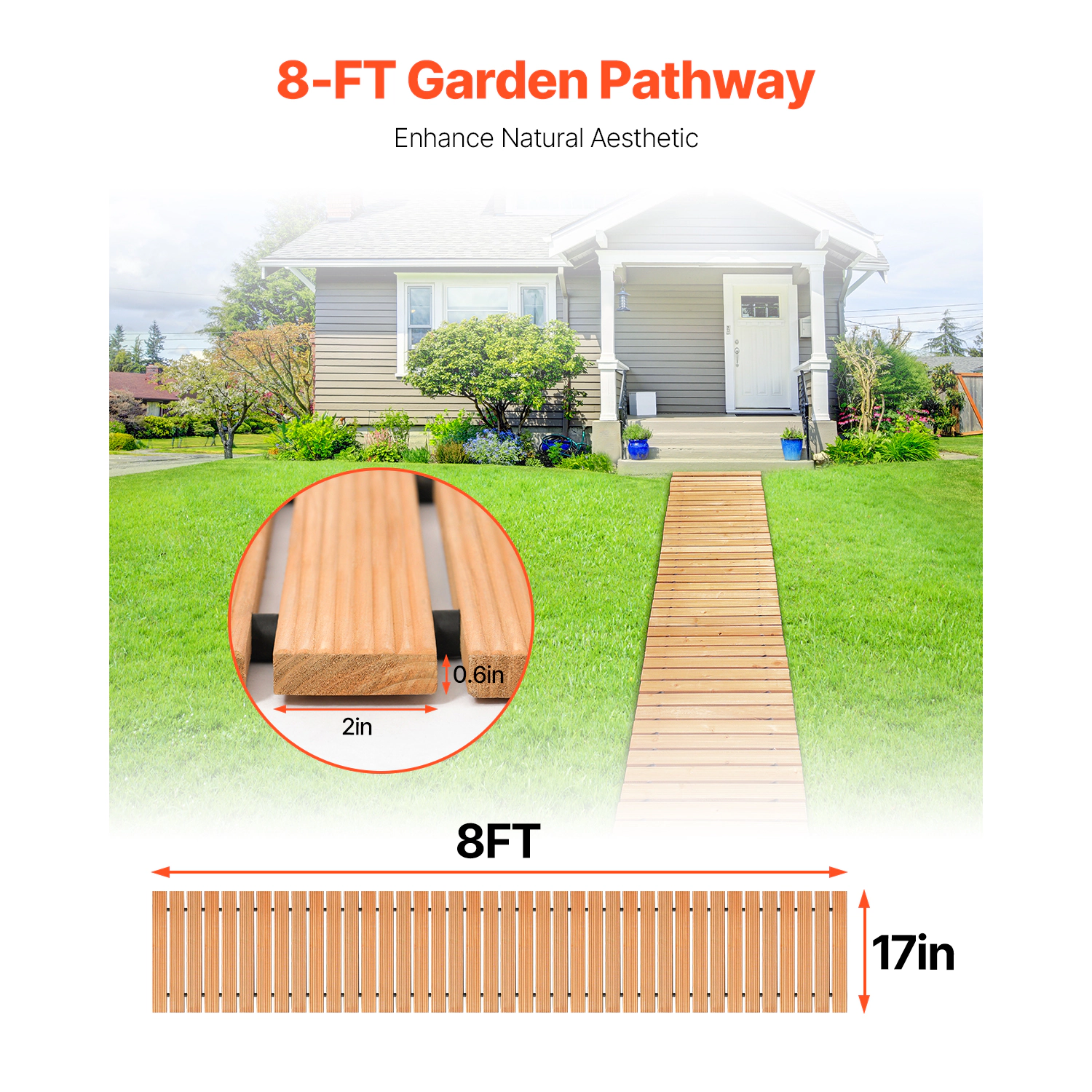 HONGGE Wooden Garden Pathway L 17 in W Non-Slip Straight Garden Walkway Roll Out Cedar Outdoor Walkway Path with Wire