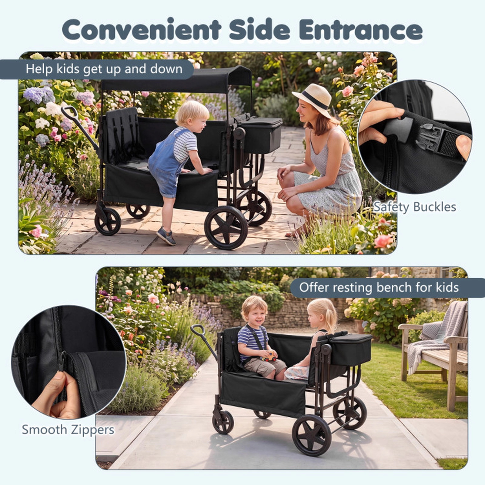 SUGIFT Toddler Black 4-Seat Wagon Stroller with Removable Canopy 53-in W 30.5-in D 50-in H 160-lb Wagon Capacity