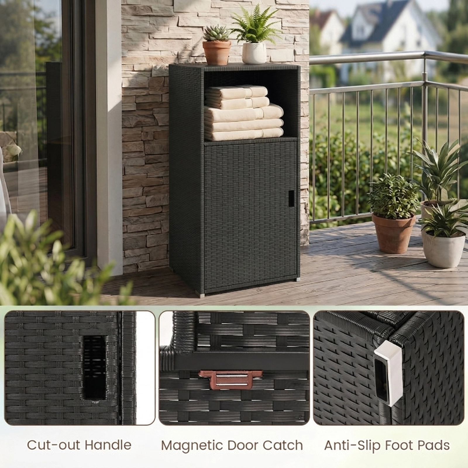 SUGIFT Black Hand-Woven PE Rattan Outdoor Storage Cabinet with Door Open Compartment and 66-lb Tiers