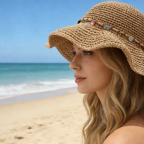 Anna-Kaci Womens Woven Straw Sun Hat with Beaded Band and Floppy Brim