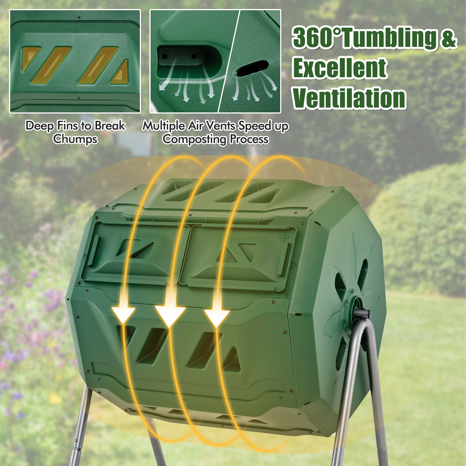 SUGIFT 43-gal Dual Chamber Rotating Compost Bin Barrel with Sliding Doors and Deep Aeration Fins