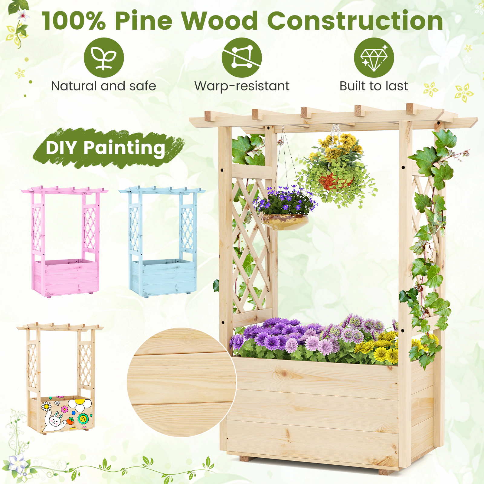 SUGIFT Natural Pine Wood Elevated Raised Garden Bed with Hanging Roof 31-in W 16-in D 41-in H