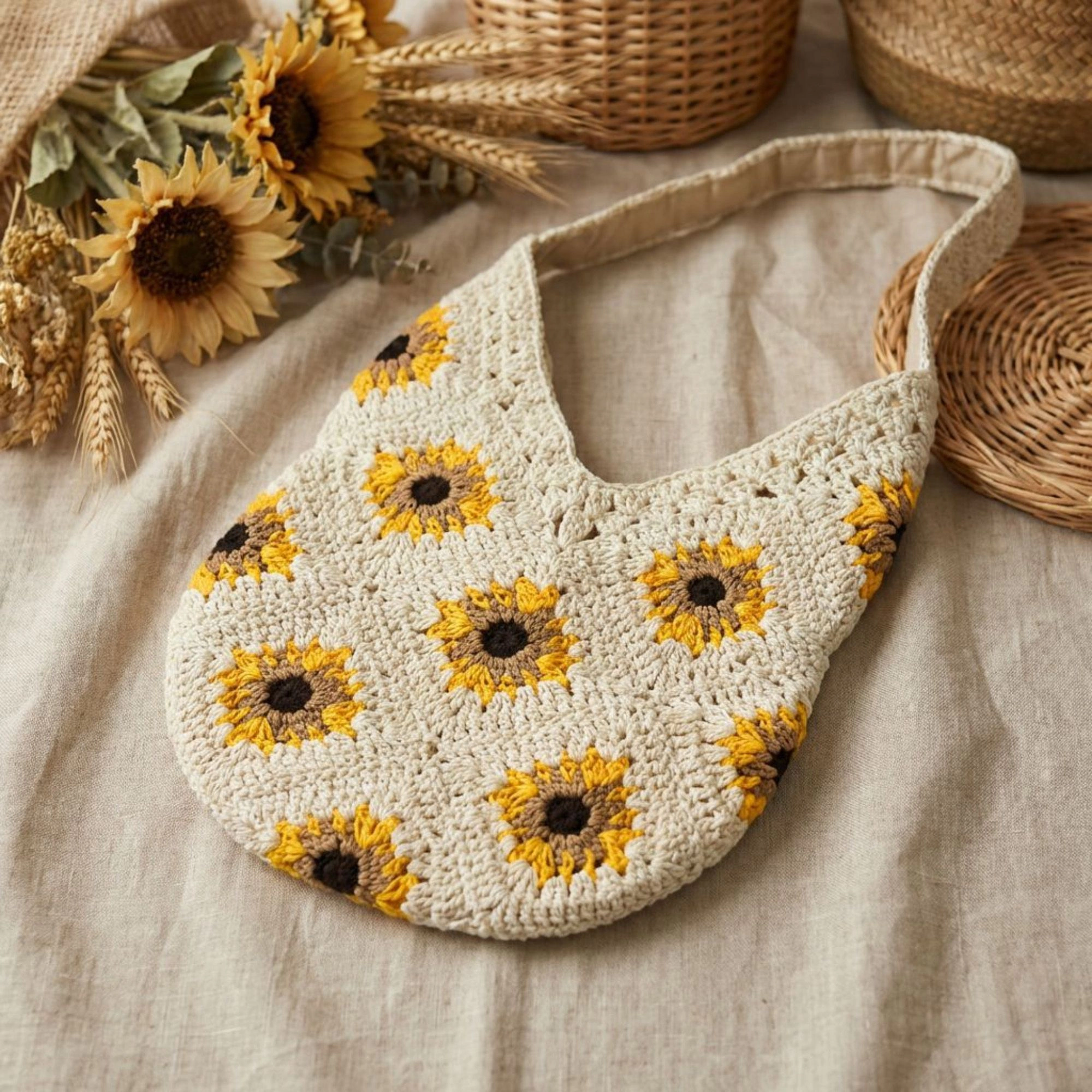 Alilang Women's Sunflower Crochet Shoulder Tote Bag Large Capacity Handbag