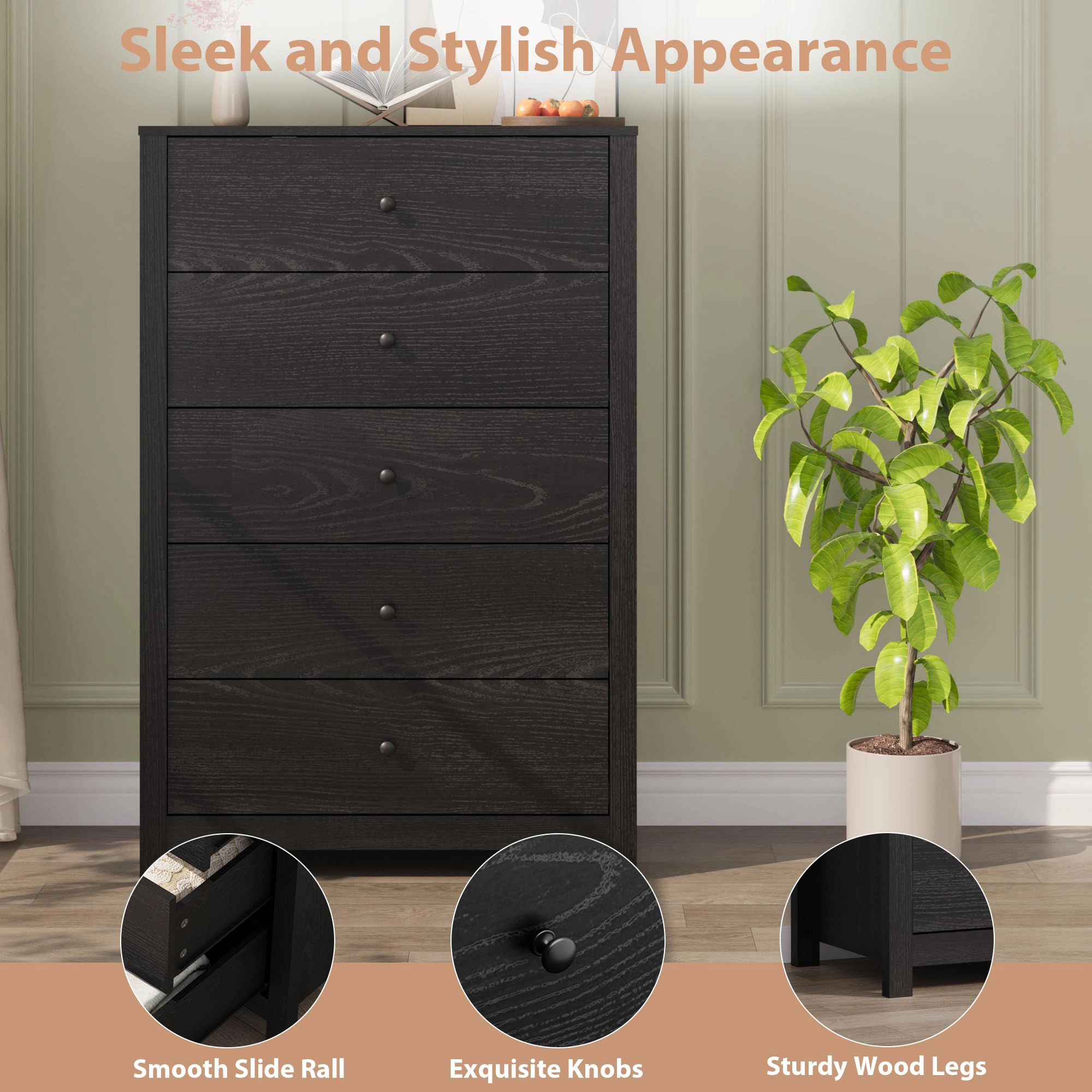 5 Drawer Dresser for Bedroom, Modern Wood Storage Chest with Deep Drawers