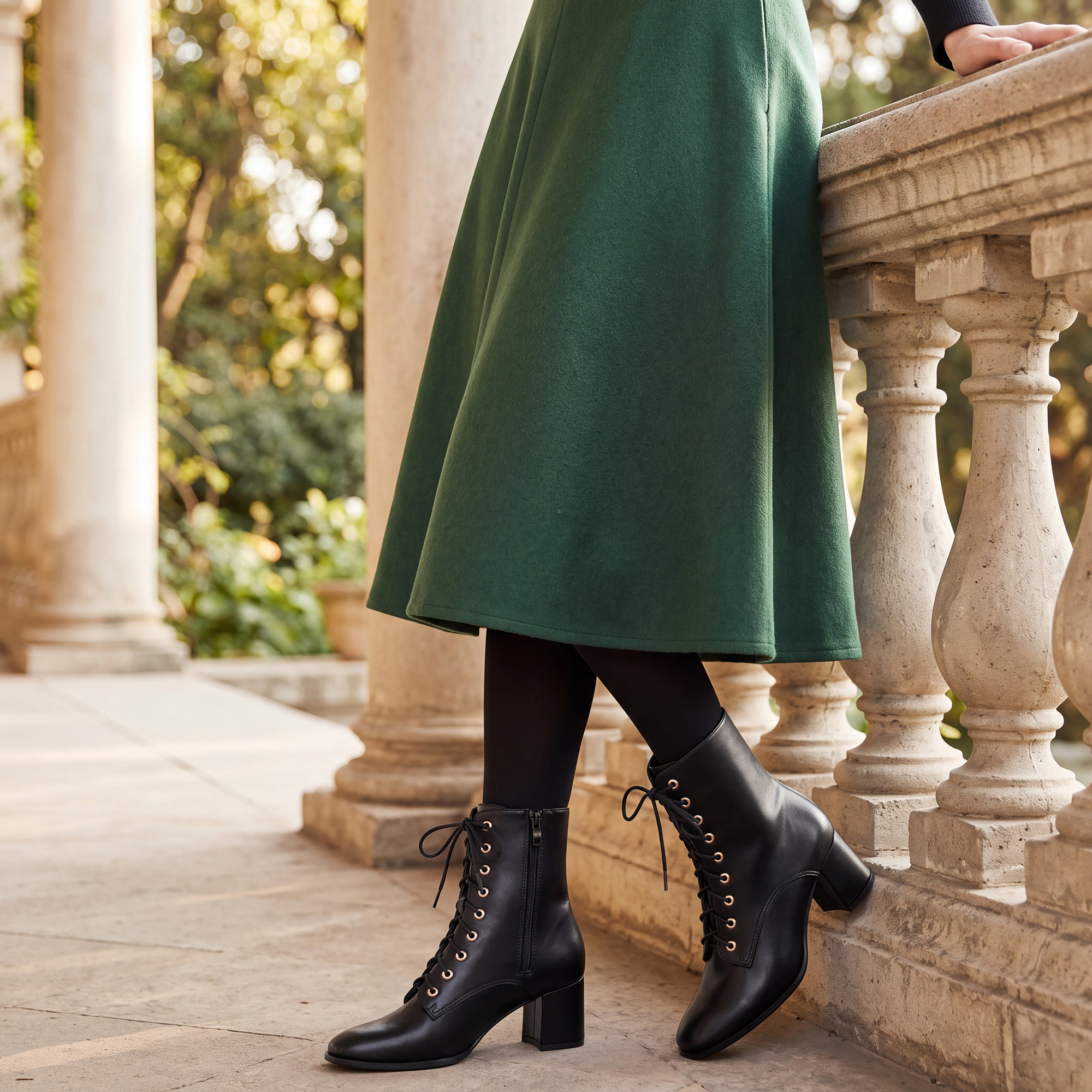 BLISSFUL STEP Women Lace Up Square Toe Chunky Heels Ankle Combat Boots