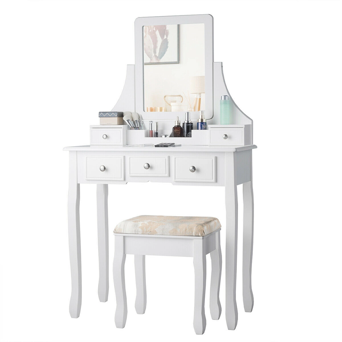 SUGIFT White Makeup Vanity Set with 5 Drawers, Rotating Mirror, Removable Top Box and Stool