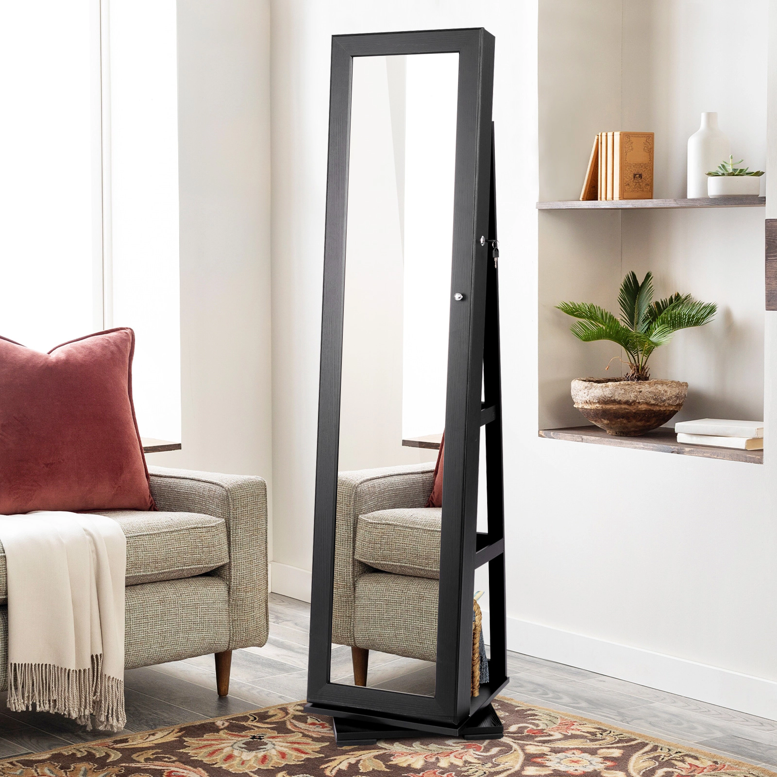 SUGIFT 63.5-in Black 360-Degree Swivel Jewelry Cabinet with Full-Length Mirror 100 Earring Slots and Hooks