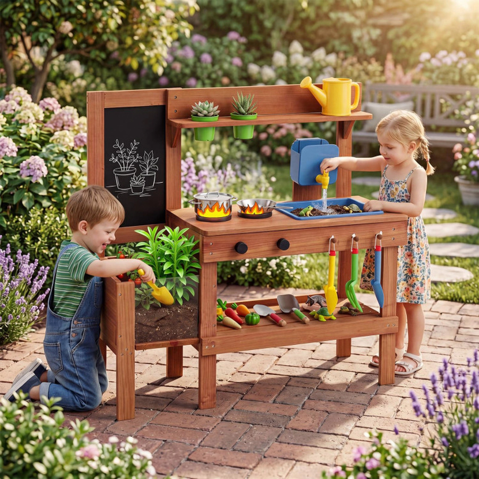 SUGIFT Kids Mud Kitchen with Planter Box, Sink and 13 Accessories 37-in Wide Ages 3+ Natural