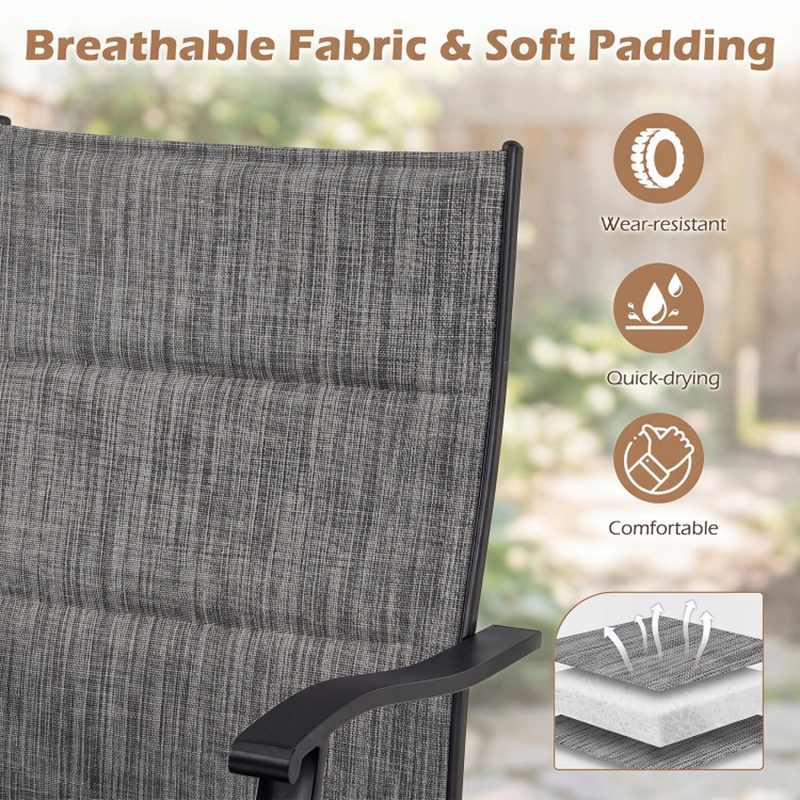 SUGIFT Padded Patio Swivel Dining Chairs with 360-Degree Rocking Seat 330-lb Capacity Breathable Fabric Gray