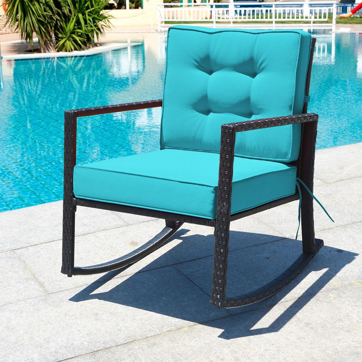 SUGIFT Turquoise Rattan Outdoor Rocking Chair, 360 lb Capacity, Iron Frame, 5 in Seat Cushion