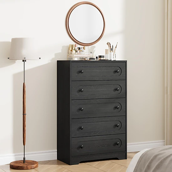 BebreezChic Mid-Century 5-Drawer Dresser, Tall Wide Chest, Deep Drawers, Metal Knobs, Wooden Frame, Black