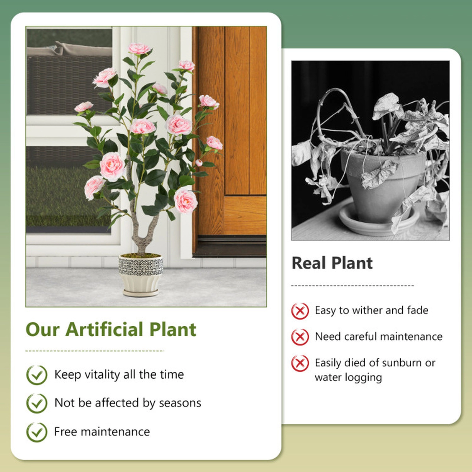 SUGIFT Set of 2 36-in Artificial Camellia Trees with Blooming Flowers and Cement-Filled Pots