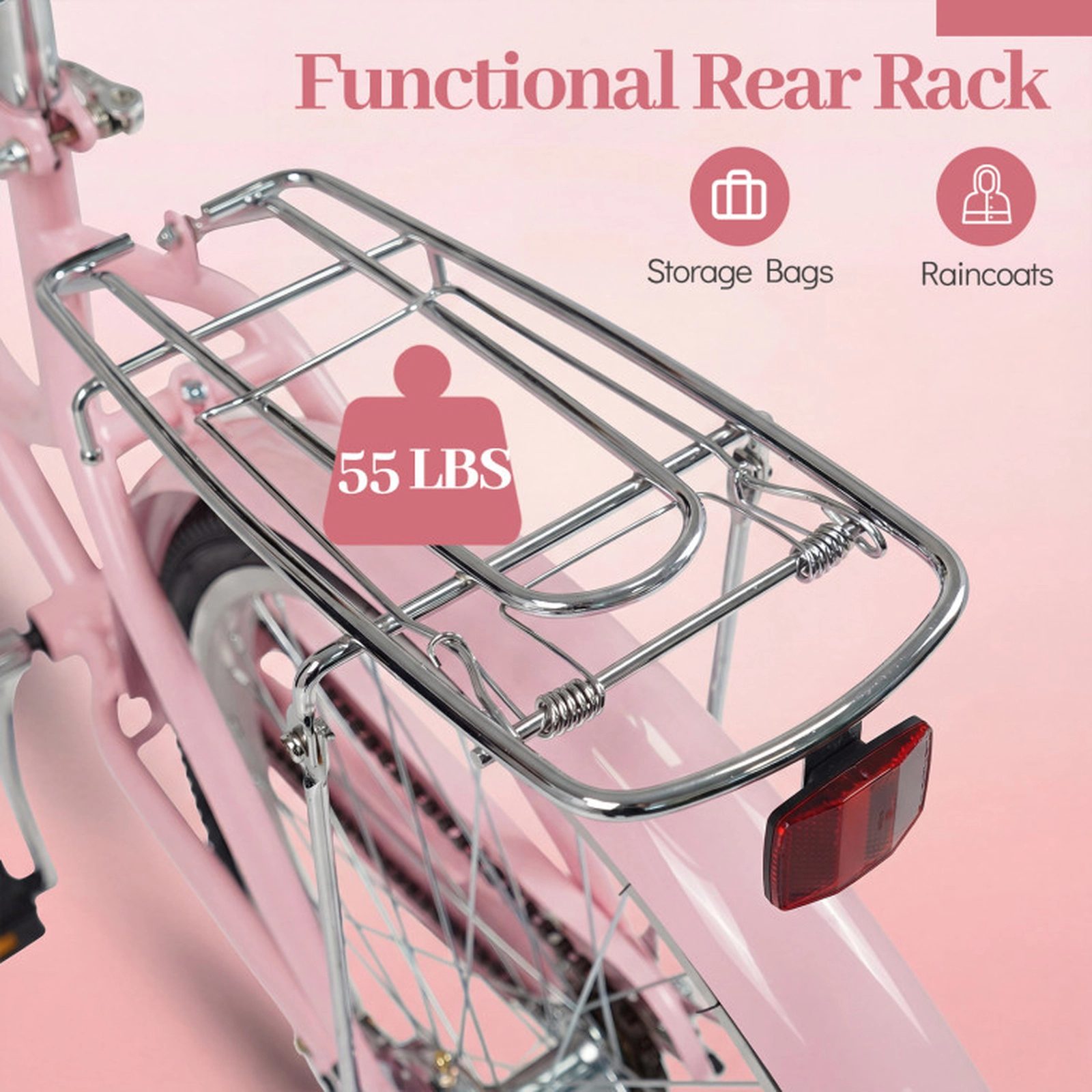 SUGIFT 24-in Womens Beach Cruiser Bike for Shorter Riders with Basket and Rear Rack 220-lb Rider Capacity Pink