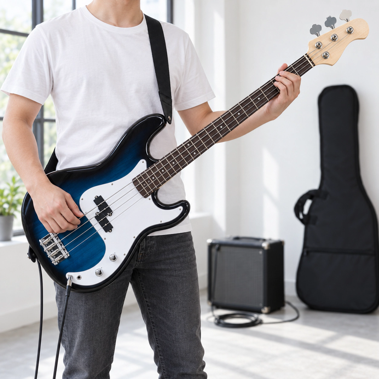 SUGIFT Blue Full Size 4-String Electric Bass Guitar with Paulownia Body and Rosewood Fretboard 7.7-lb Weight