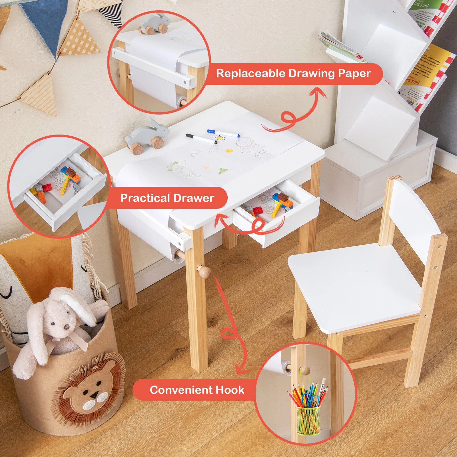SUGIFT White Drawer Paper Roll and 2 Markers Kids Art Table and Chair Set