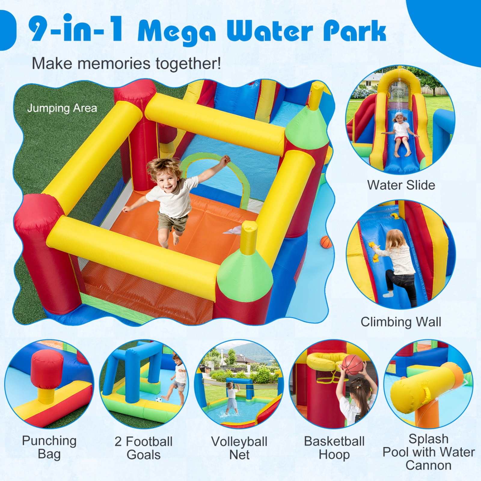 SUGIFT Inflatable 9-in-1 Water Slide Bounce House Jumping Castle Climbing Wall 200-lb Capacity Ages 3-12 Multi-color