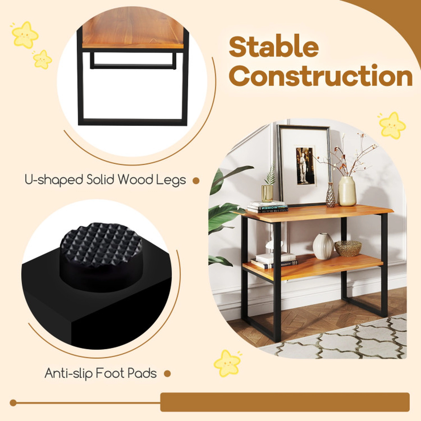 SUGIFT 35.5-in 44-lb Shelf 2-Tier Solid Teak Wood End Table Sofa Side Table with Waterproof Top