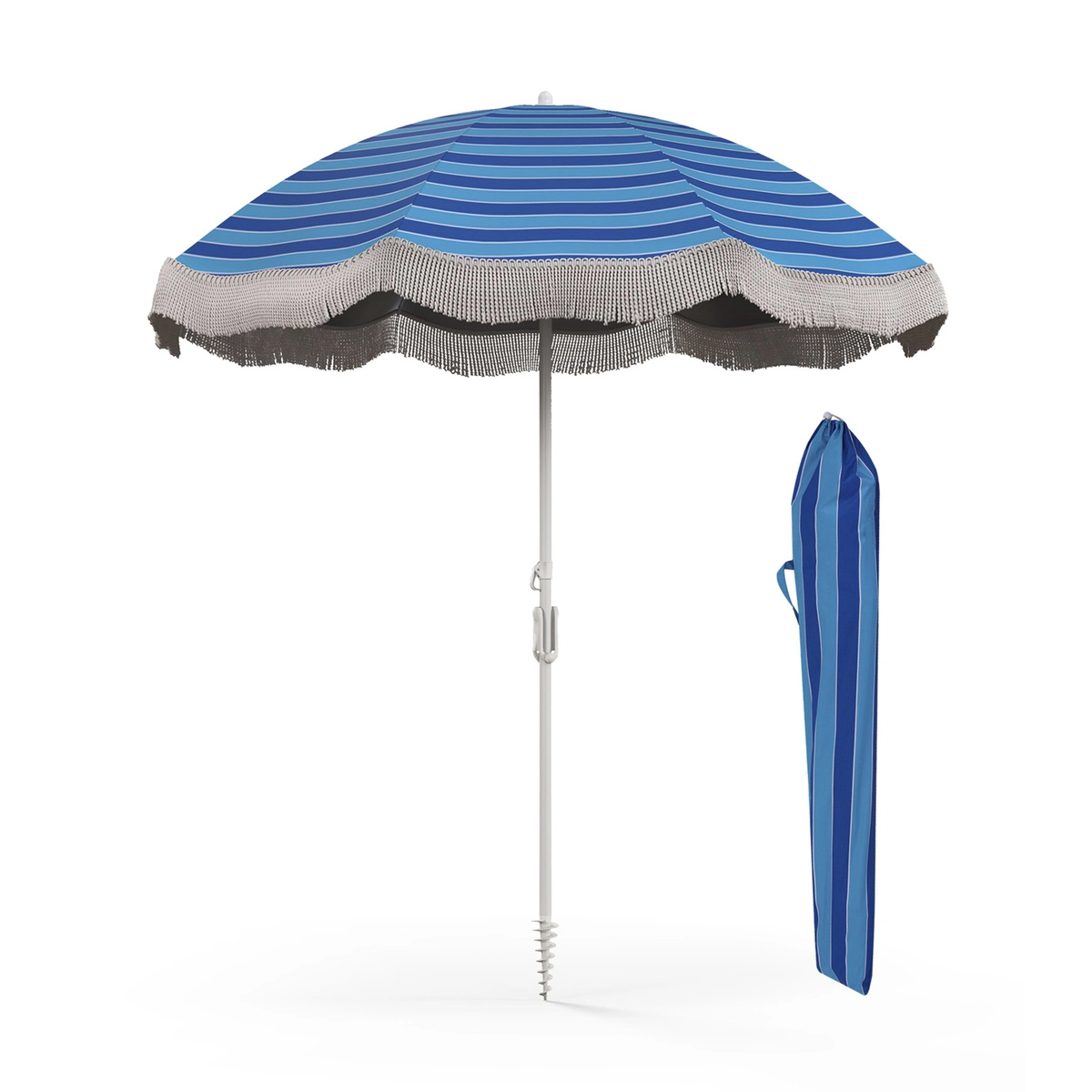 SUGIFT 6.5-ft Fringe Beach Umbrella with Push Button Tilt and Sand Anchor 6.5-ft Canopy 6-lb Net Weight Navy Blue