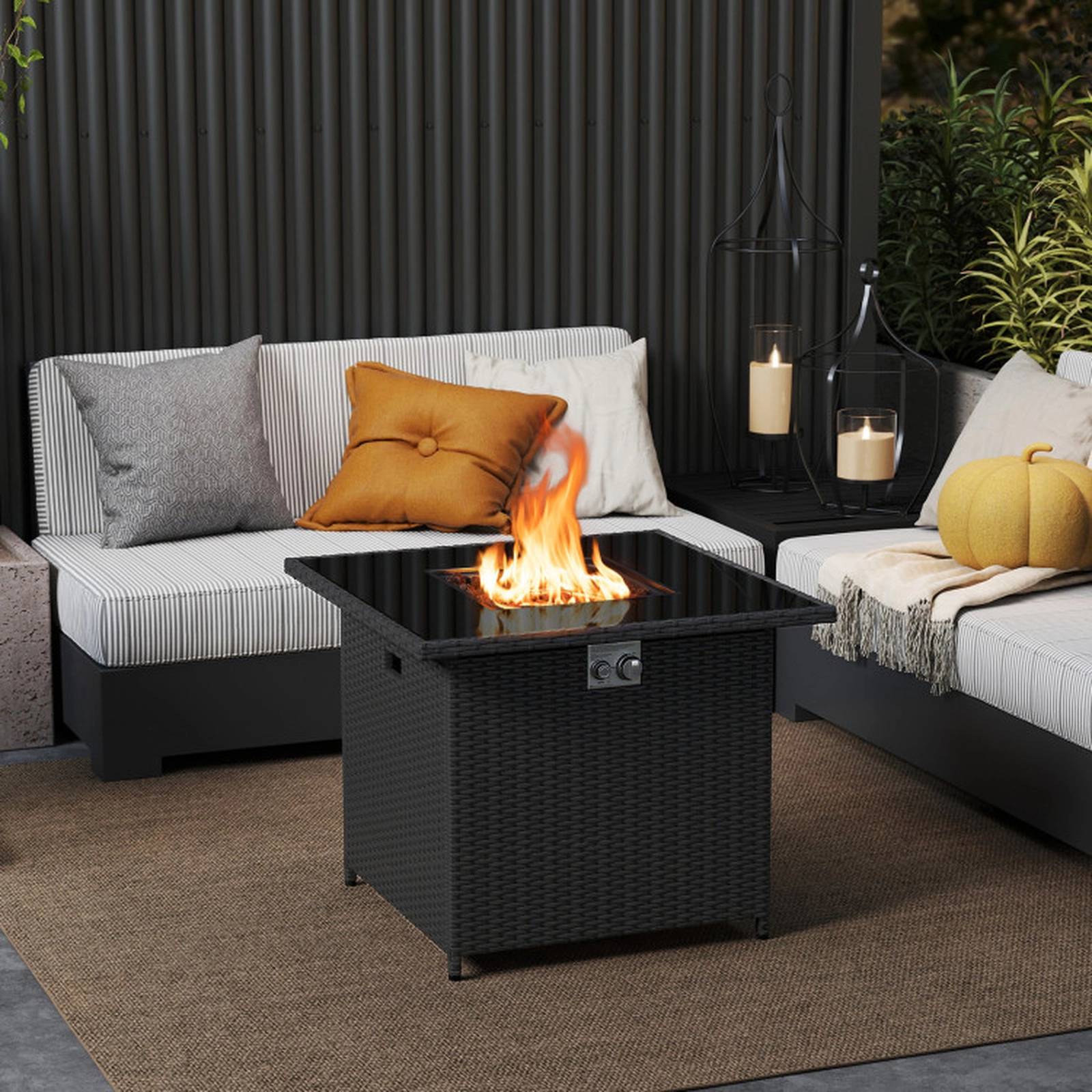 SUGIFT 32.5-Inch 50,000 BTU Propane Fire Pit Table, Tempered Glass, PE Rattan, Tank Door