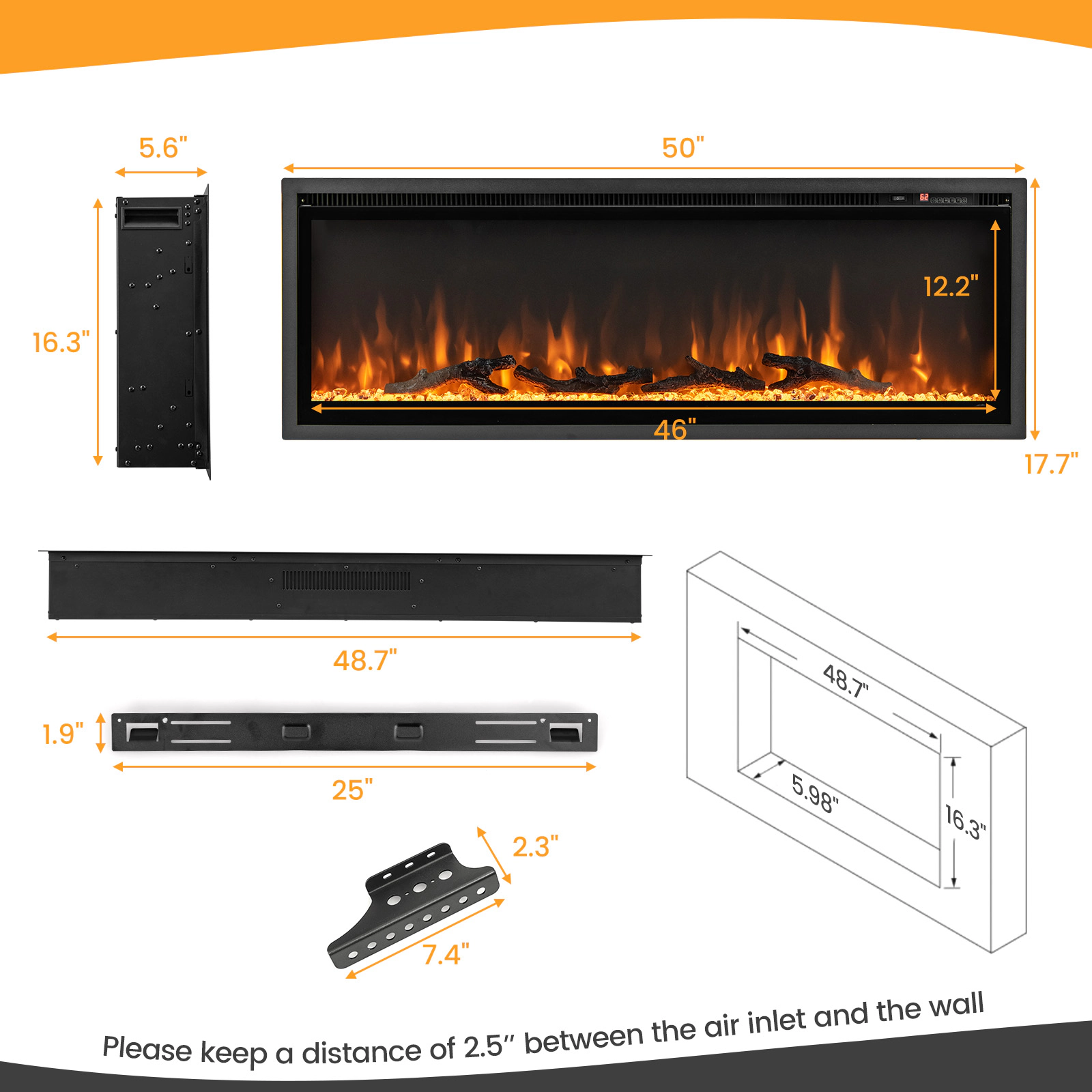 SUGIFT In-Wall Recessed Electric Fireplace with Remote Control 5000 BTU 750W/1500W Heater Black 50-in