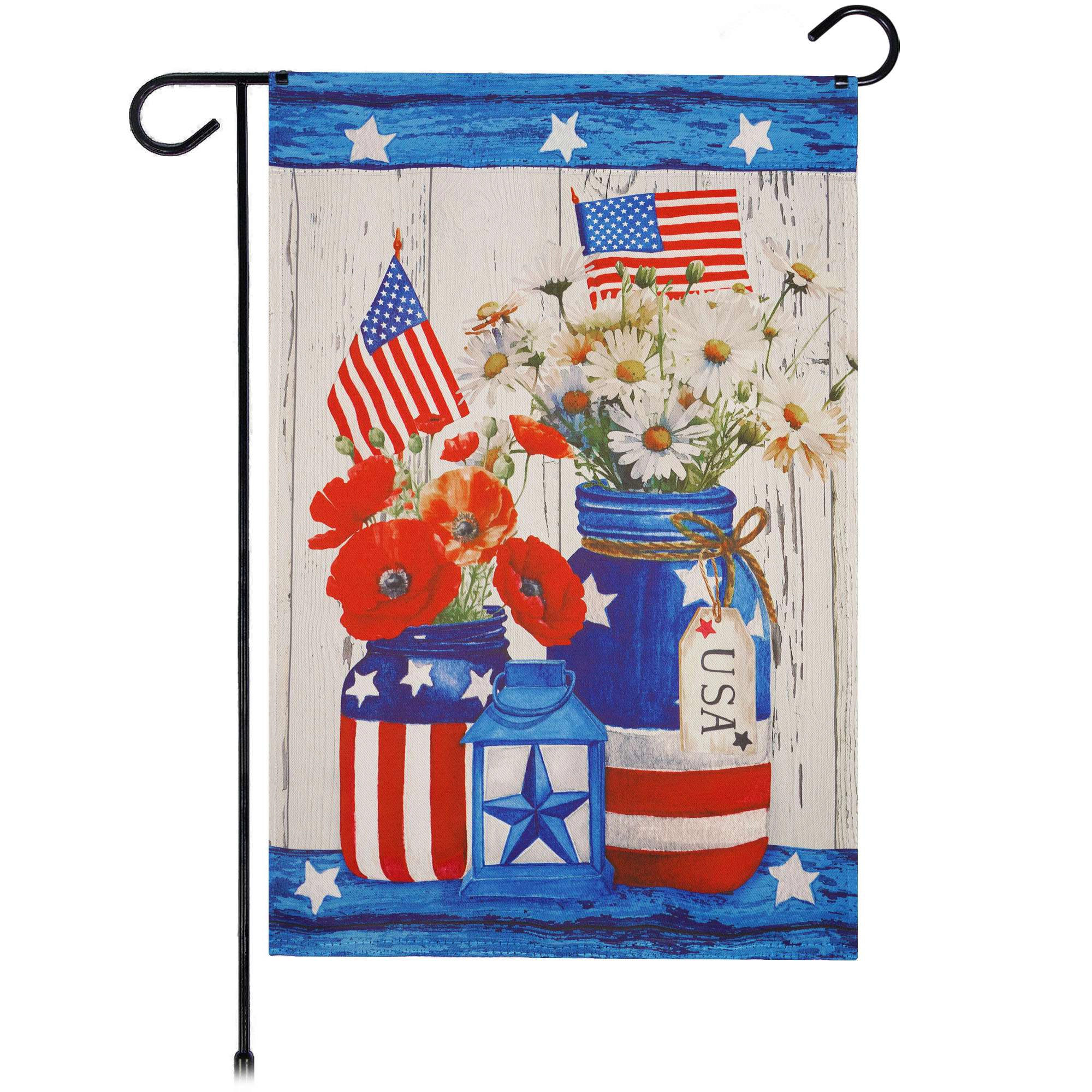 G128 Rustic Mason Jar Patriotic Flowers Garden Flag 12x18 in Double-Sided