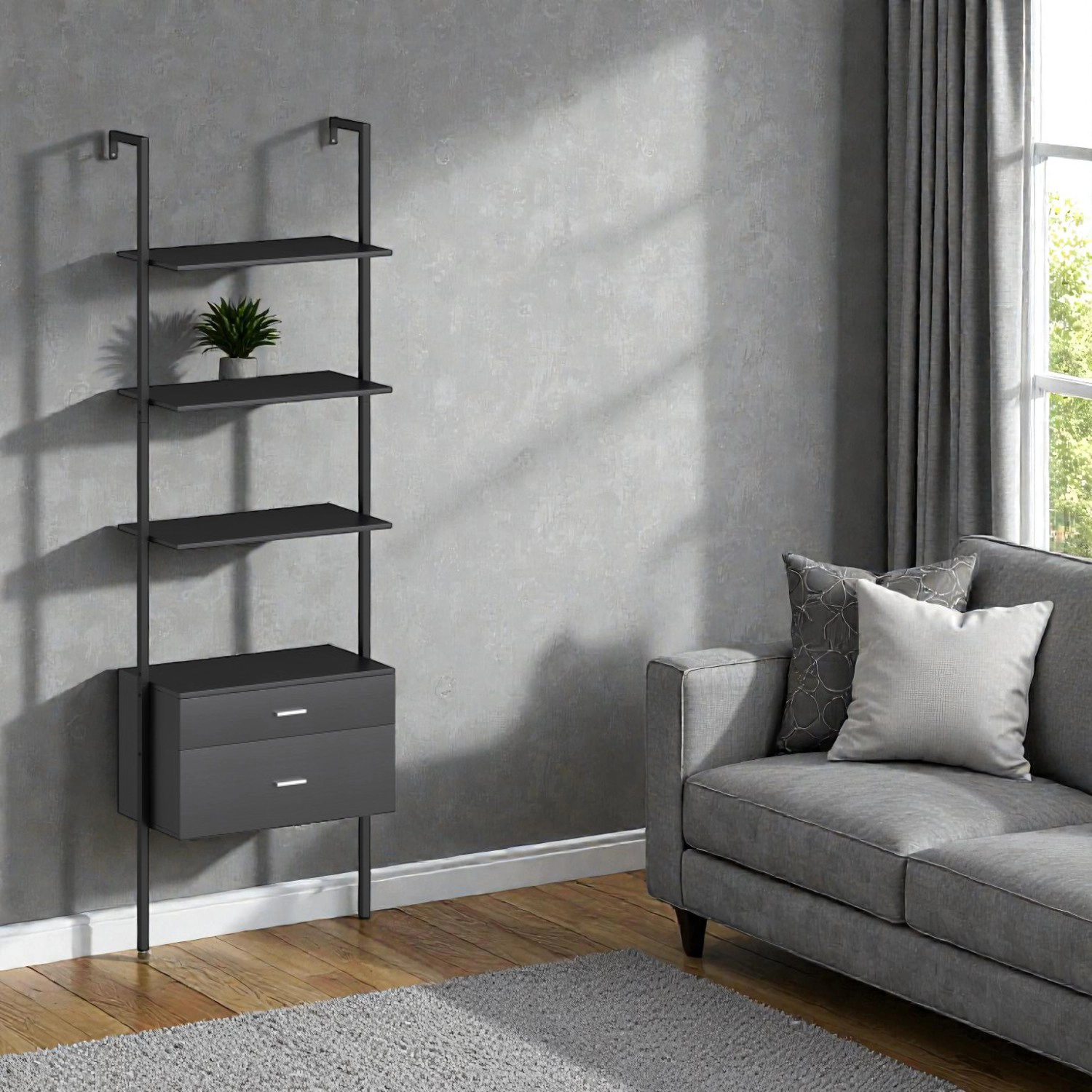 Hivvago Freestanding 6-Tier Ladder Display Rack with Metal Support and Storage Drawers