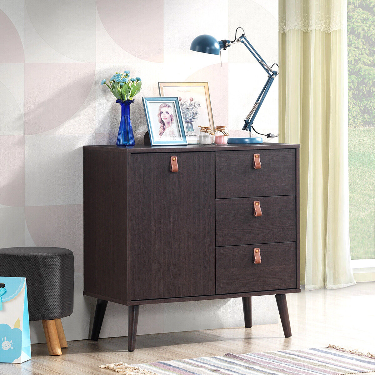 SUGIFT 3-Drawer Sideboard Storage Display Cabinet Dresser 35-lb Cabinet Capacity 20-lb Shelf 10-lb Drawer Brown