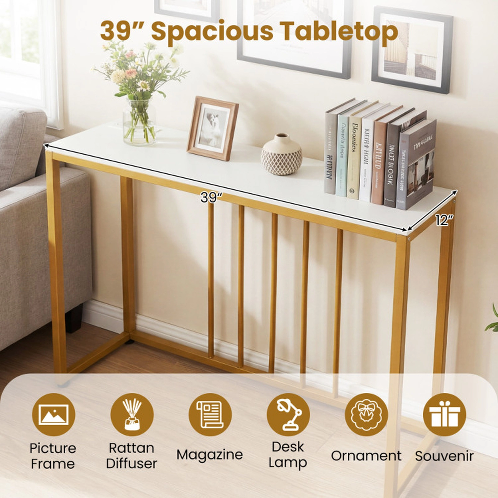 SUGIFT 39-in 88-lb Capacity White and Gold Metal Frame Console Sofa Table with Built-In Charging Station