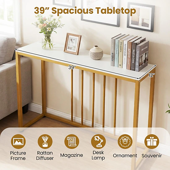 SUGIFT 39-in 88-lb Capacity White and Gold Metal Frame Console Sofa Table with Built-In Charging Station