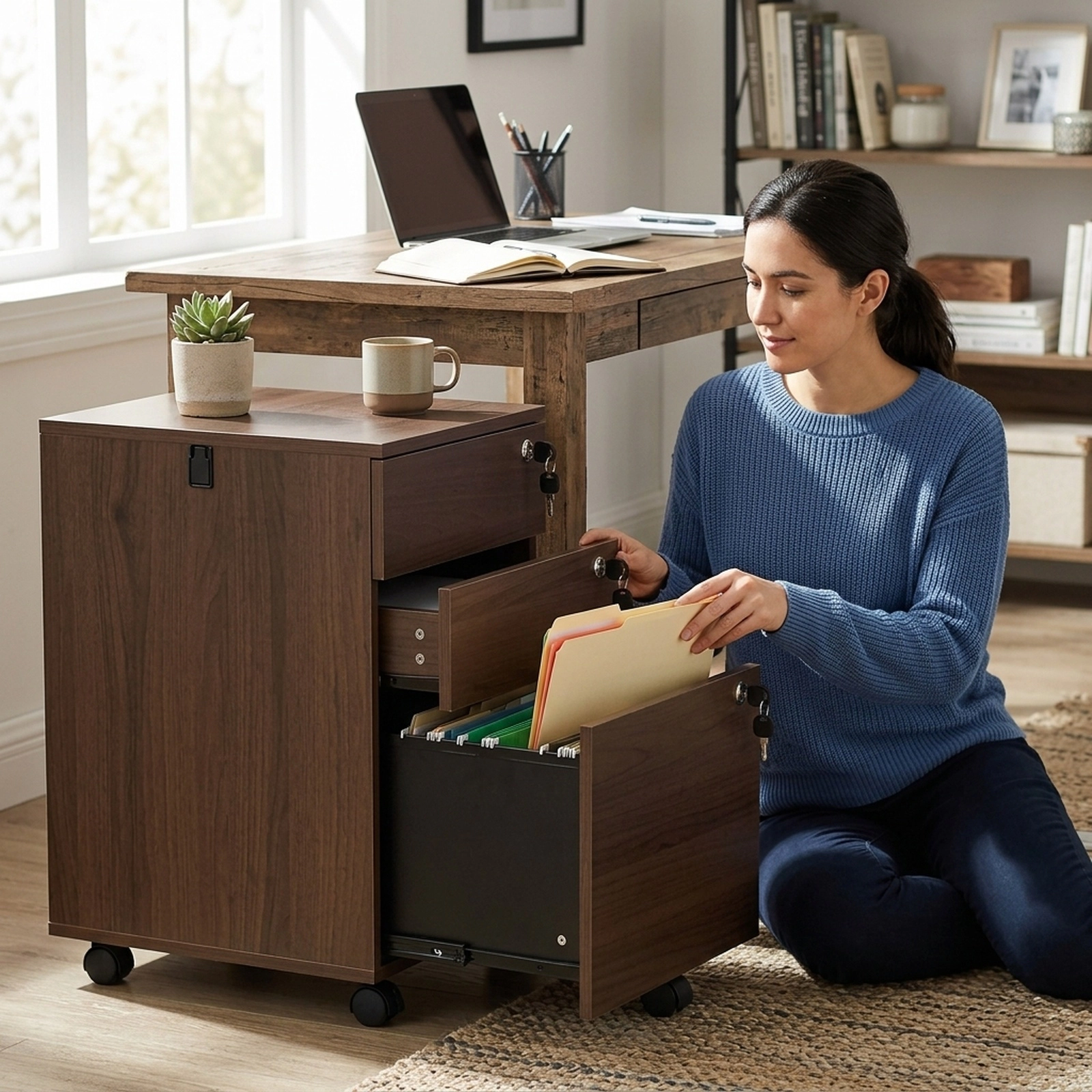SUGIFT Coffee 3-Drawer Locking Rolling File Cabinet Under Desk Filing Cabinet for Letter Legal and A4
