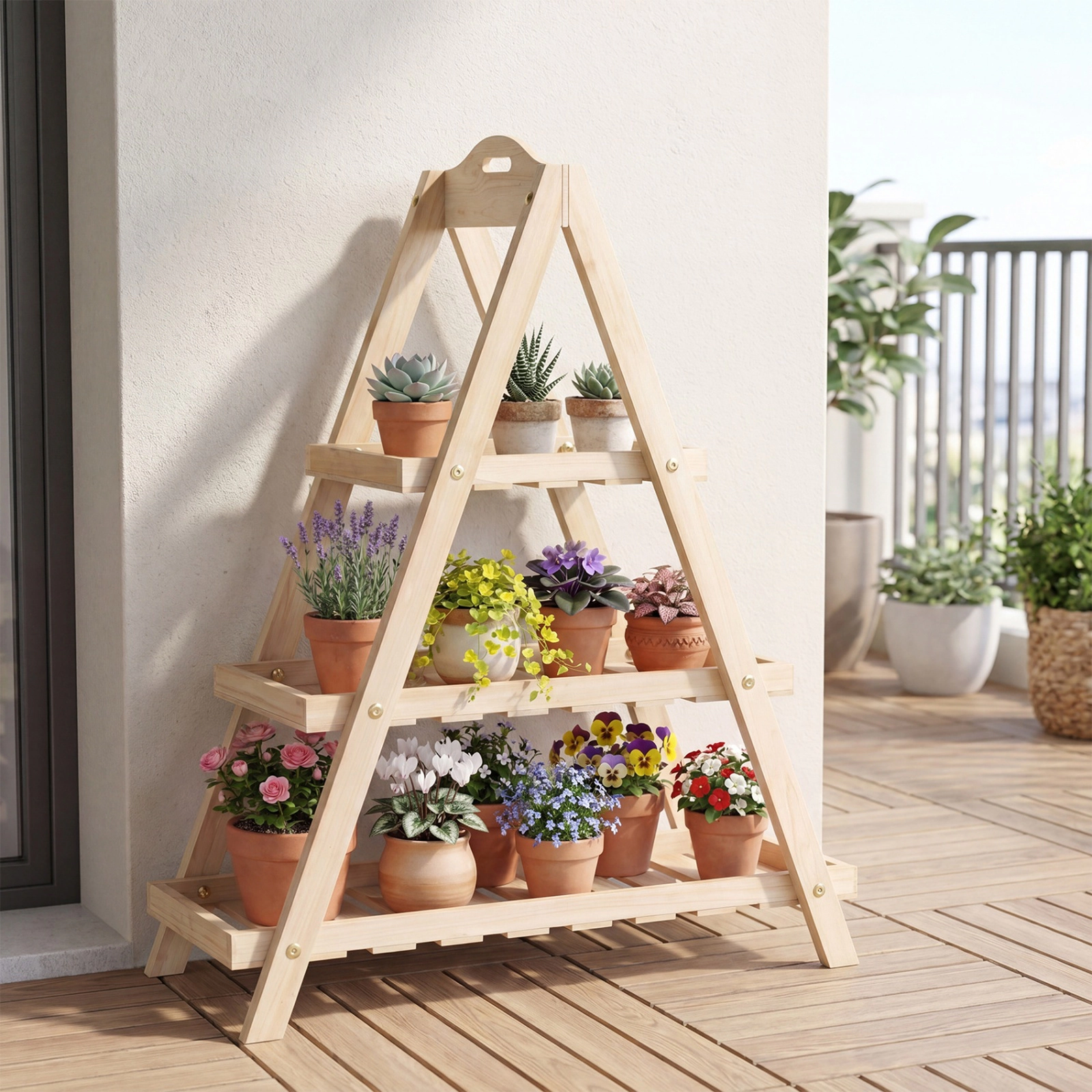 SUGIFT Natural Fir Wood for Balcony 3 Tier Flower Pot Display Shelf Plant Stand