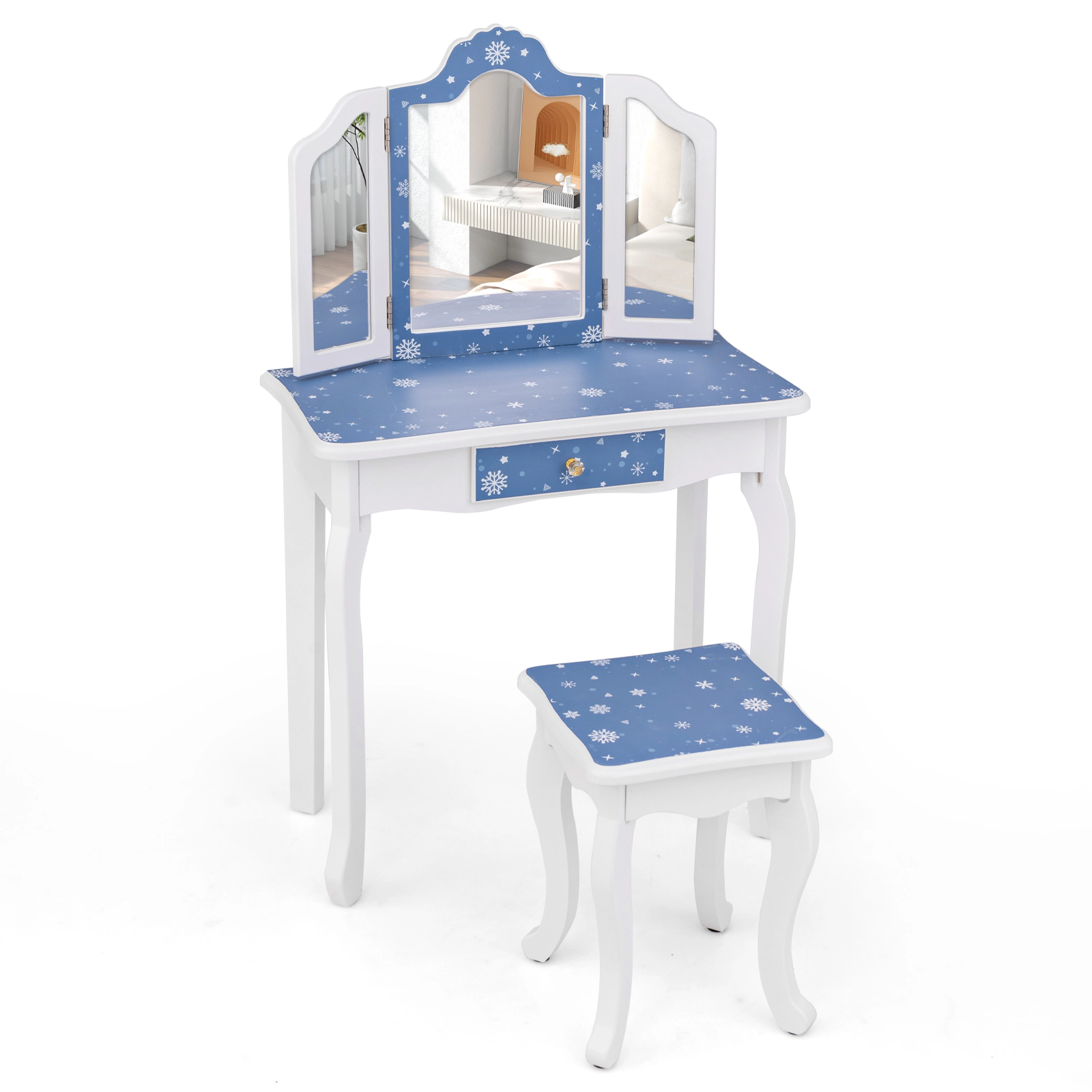 SUGIFT Blue Tri-Folding Mirror Kids Pretend Play Makeup Table and Stool Set