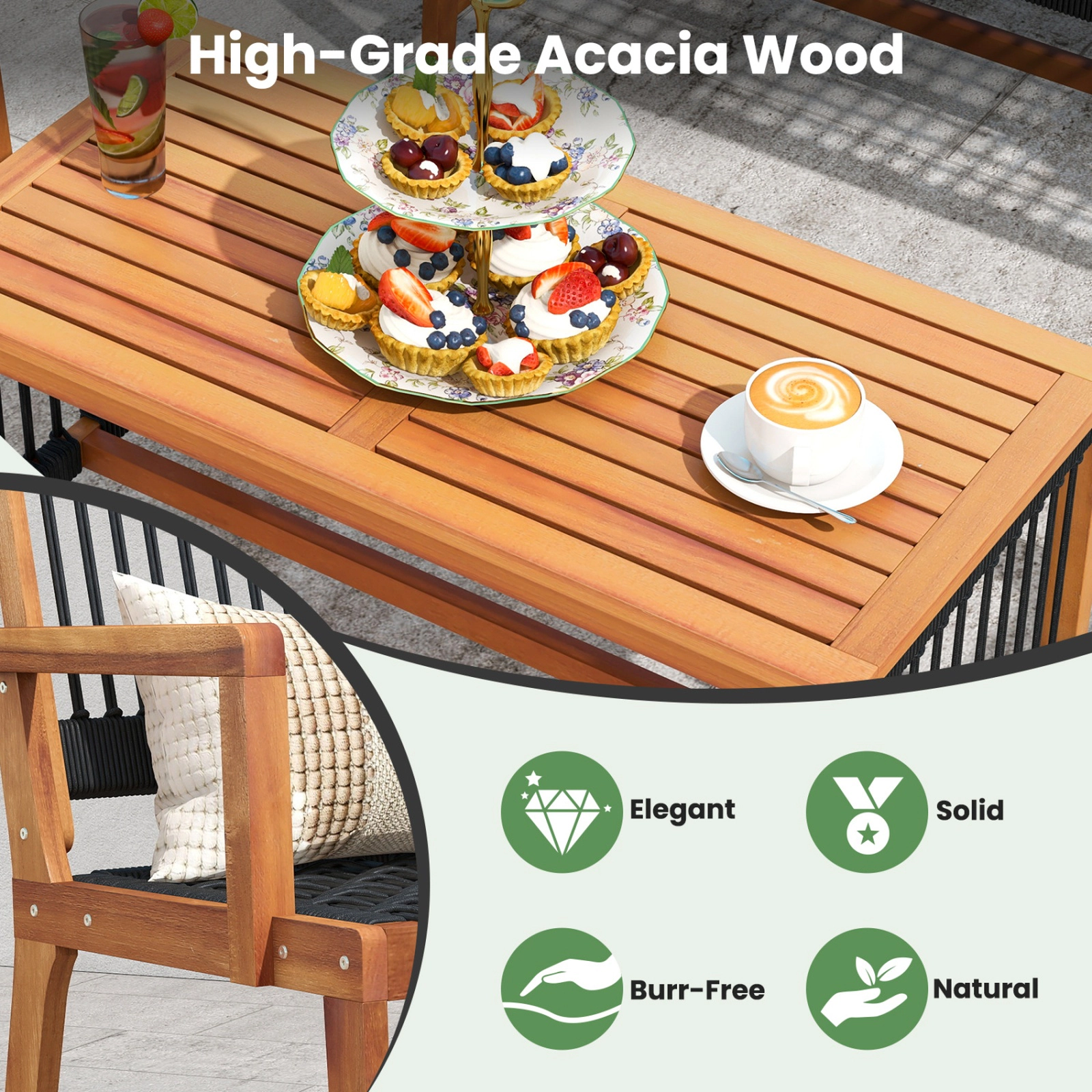 SUGIFT Natural Hand-Woven Rope Seats 4-Piece Acacia Wood Patio Conversation Set