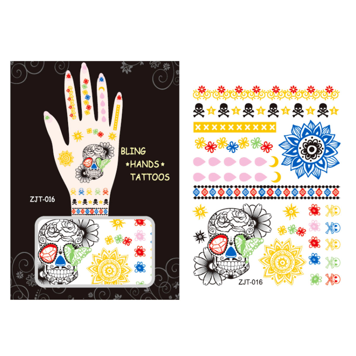 Wrapables Trendy Temporary Metallic Hand Tattoos, Skulls and Snowflake
