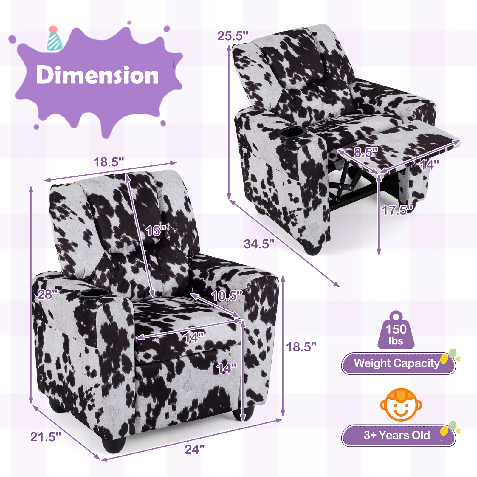 SUGIFT Kids Cow Print Velvet Cup Holder Push Back Recliner 24-in x 21.5-in x 28-in 150-lb Capacity Ages 3+ Black/White