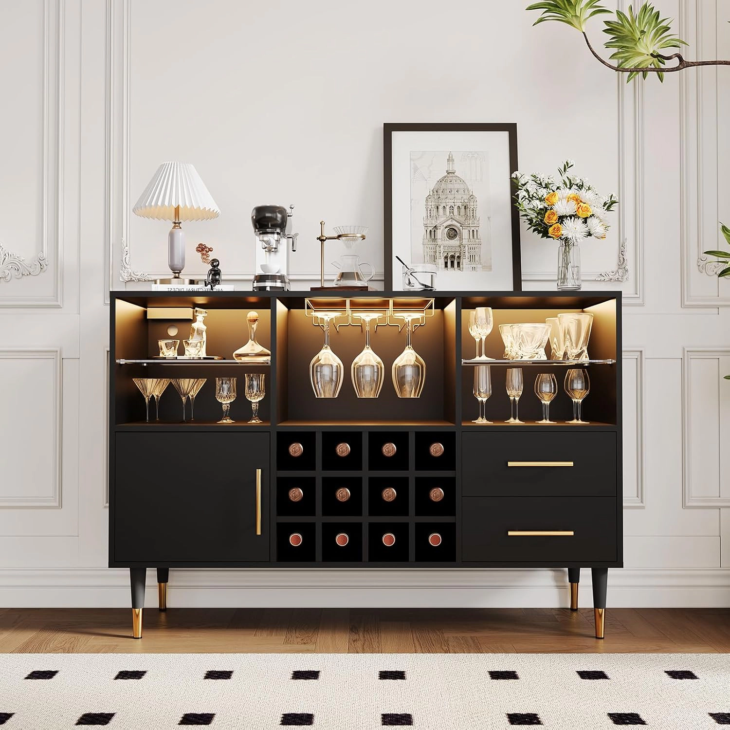 BebreezChic 47" Modern Wine Bar Cabinet w/ LED Light & Charging Station, Oak/Black