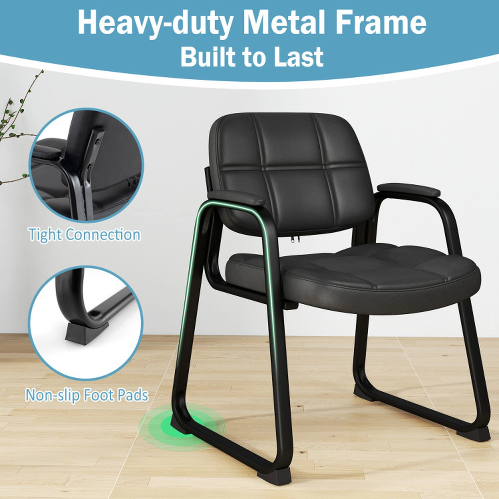 SUGIFT Set of 2 Padded PU Leather Sled Base Waiting Room Guest Chairs 23-in x 22.5-in x 32.5-in 330-lb Capacity Black