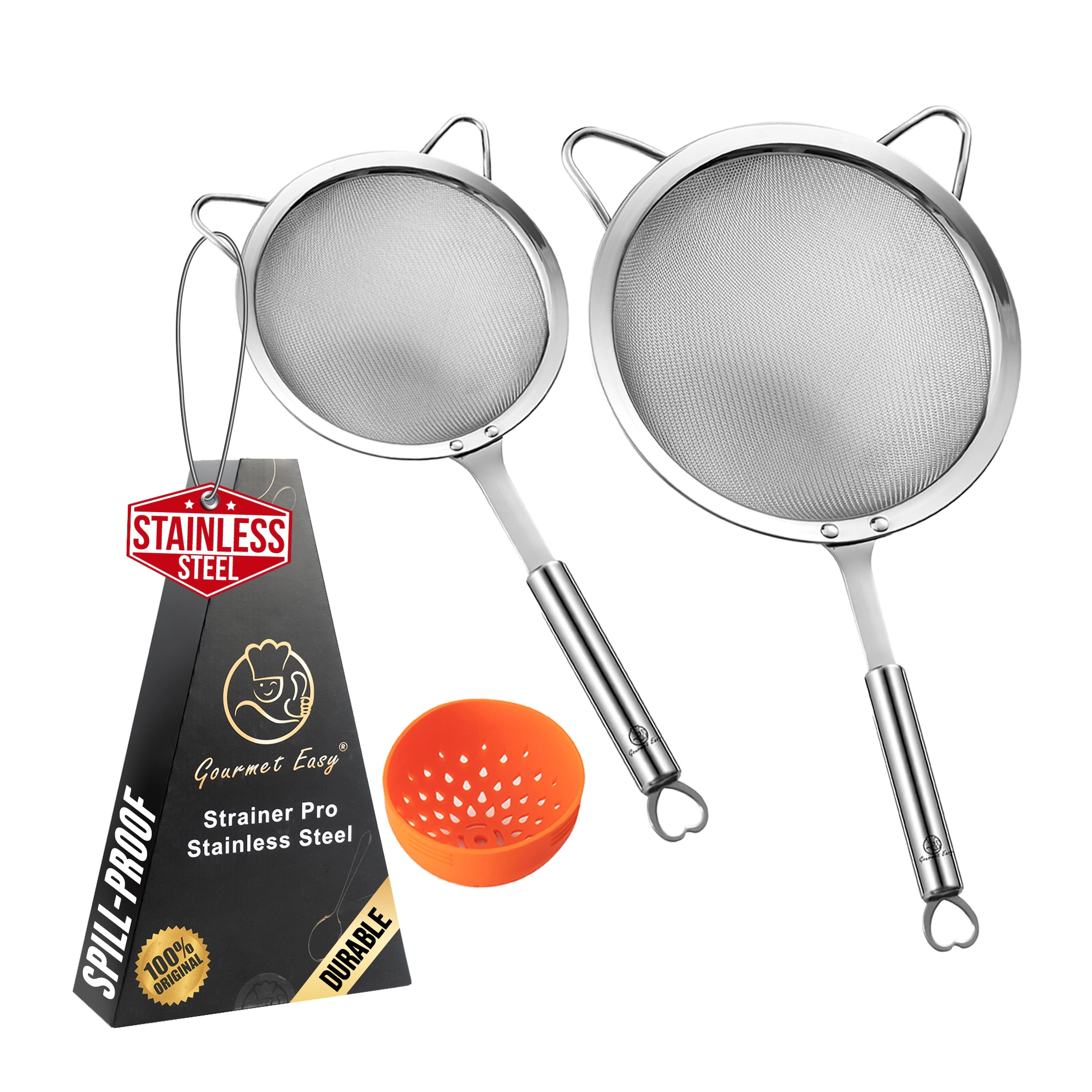 Gourmet Easy Fine Mesh Strainer Set, Stainless Steel Large rice strainer & Small Flour Sifter, Bonus Can Strainer