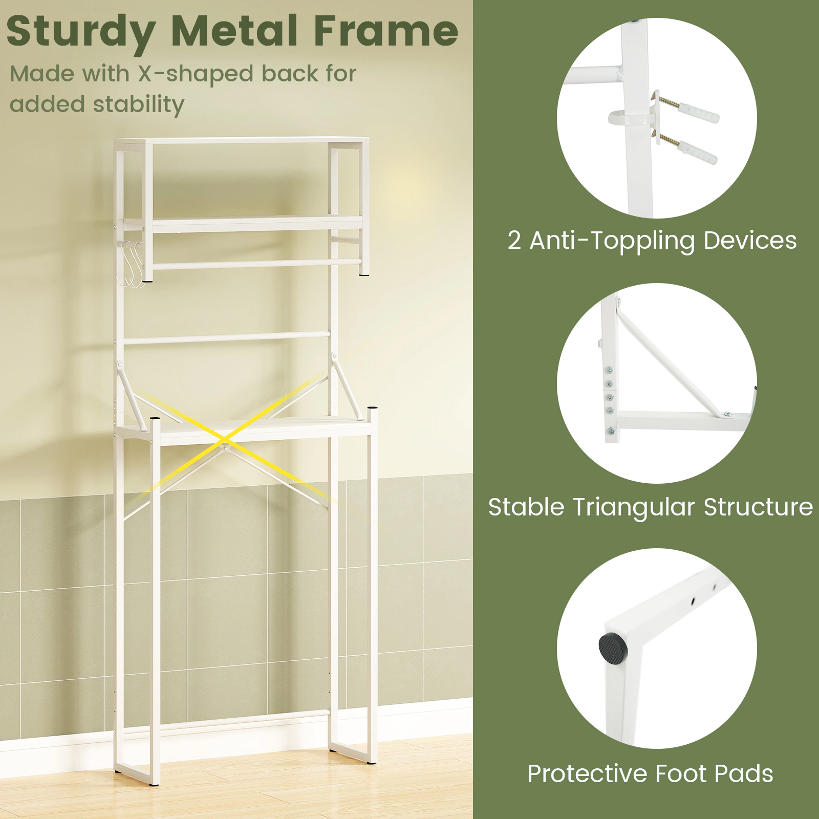 Slickblue Over-the-Toilet Bathroom Organizer Shelf 64in 3-Tier White Metal Rack Adjustable Bar