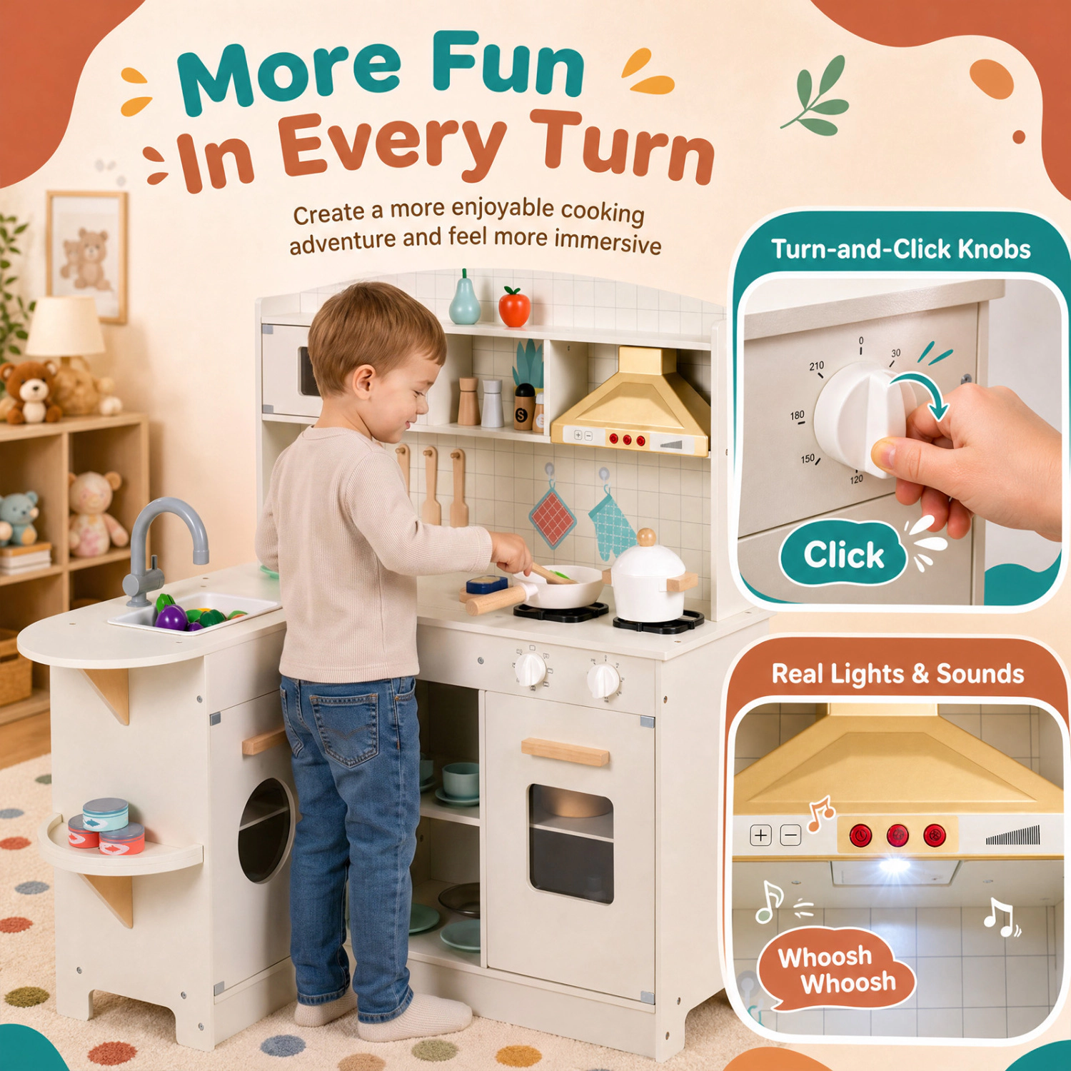 LJG Kids Wooden Play Kitchen with Lights & Sounds and Stove Microwave Sink for Ages 3+