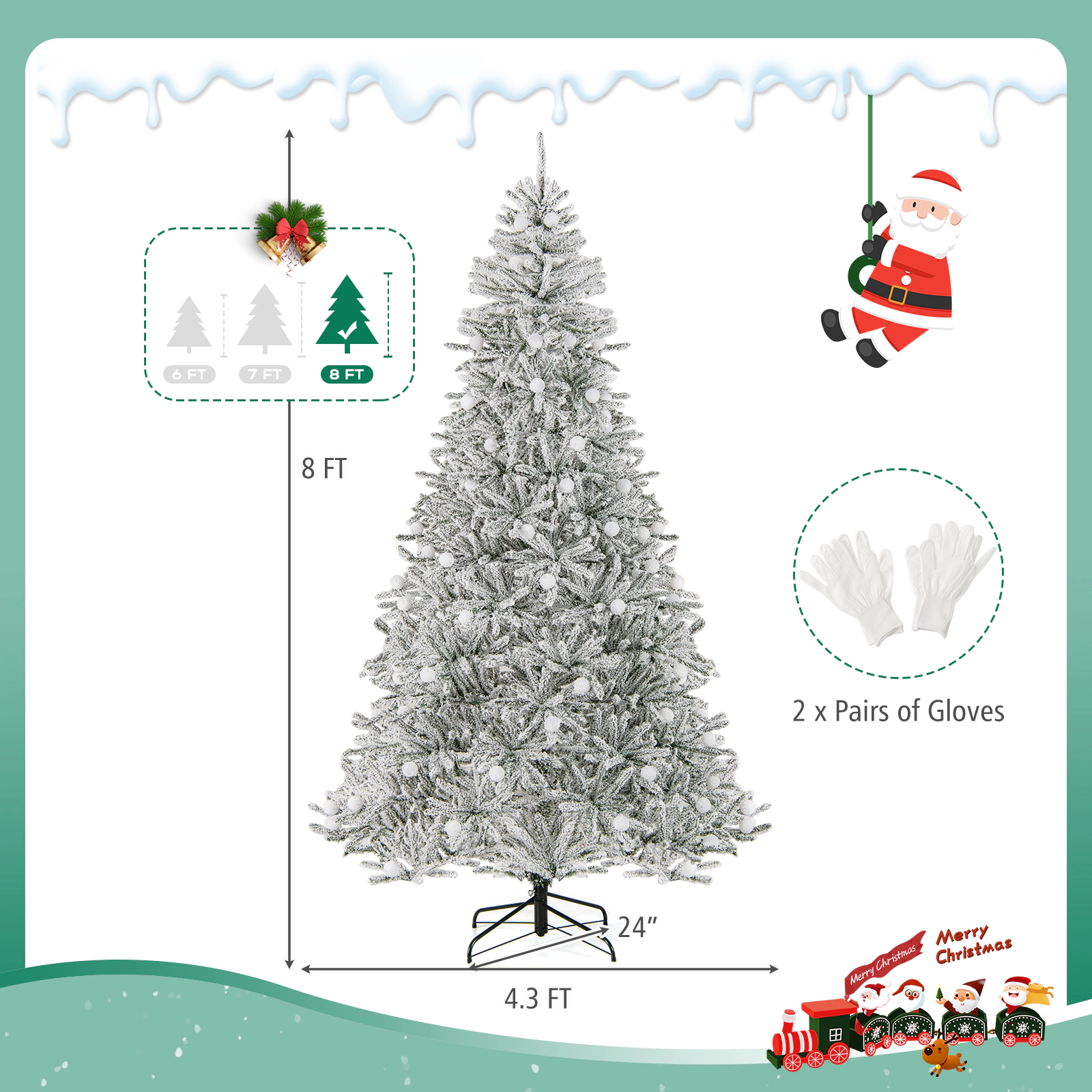 Costway 6/7/8 FT Snow-flocked Artificial Christmas Tree with 51/65/81 Sphere Lights 250/350/450 LED Lights